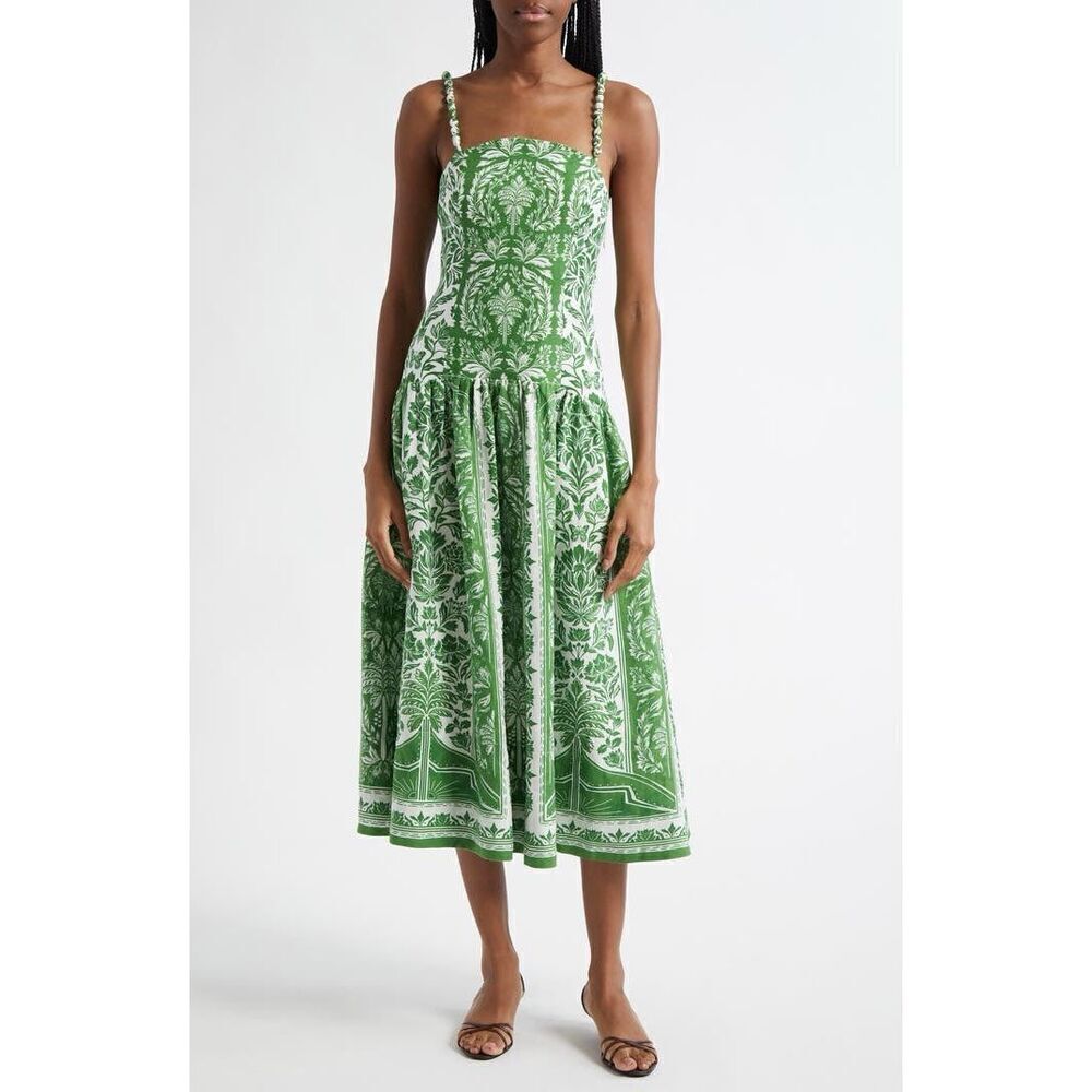 FARM Rio Women's Green White Floral Delicate Tapestry Midi Dress Size Large NWOT - Picture 2 of 12